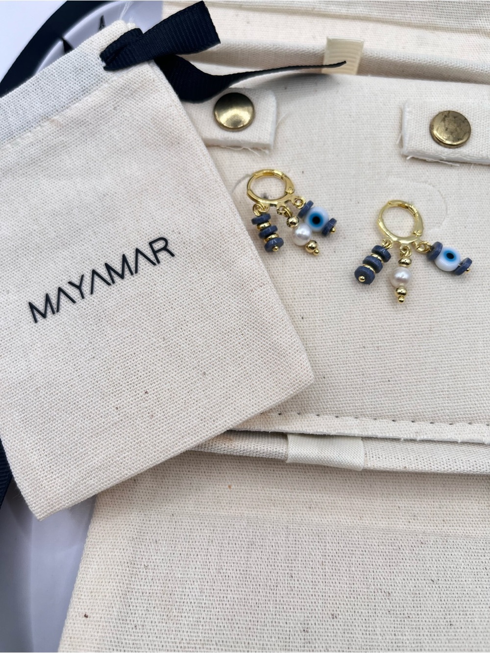 Mayamar 24K Gold-Plated, Beaded Blue Charm Huggie Earrings